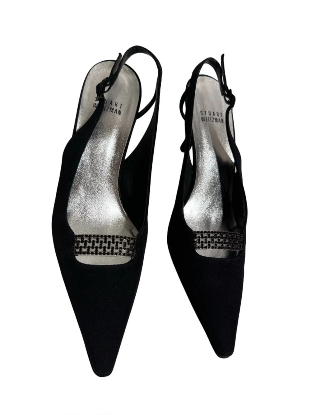 Stuart Weitzman Black Suede Crystal Embellished Slingback Pointed Toe Pumps 7.5